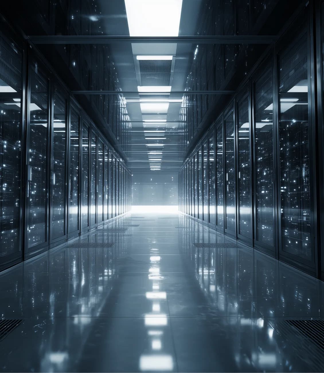 Illuminated data center server corridor