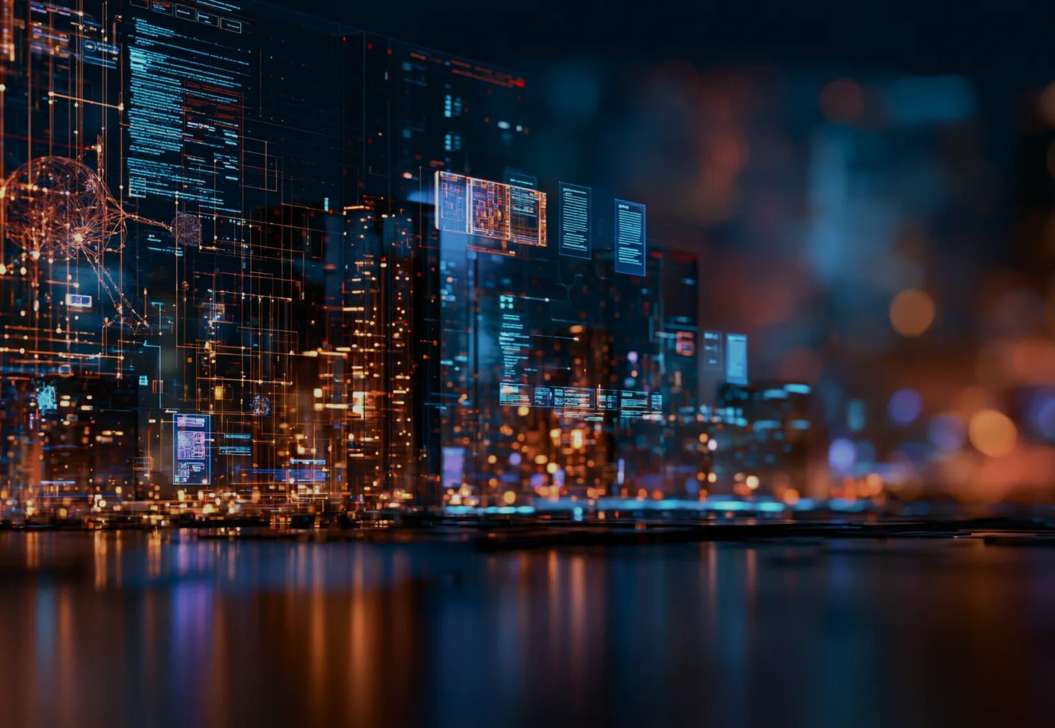 Illuminated city skyline at night overlaid with glowing data, code, and network graphics