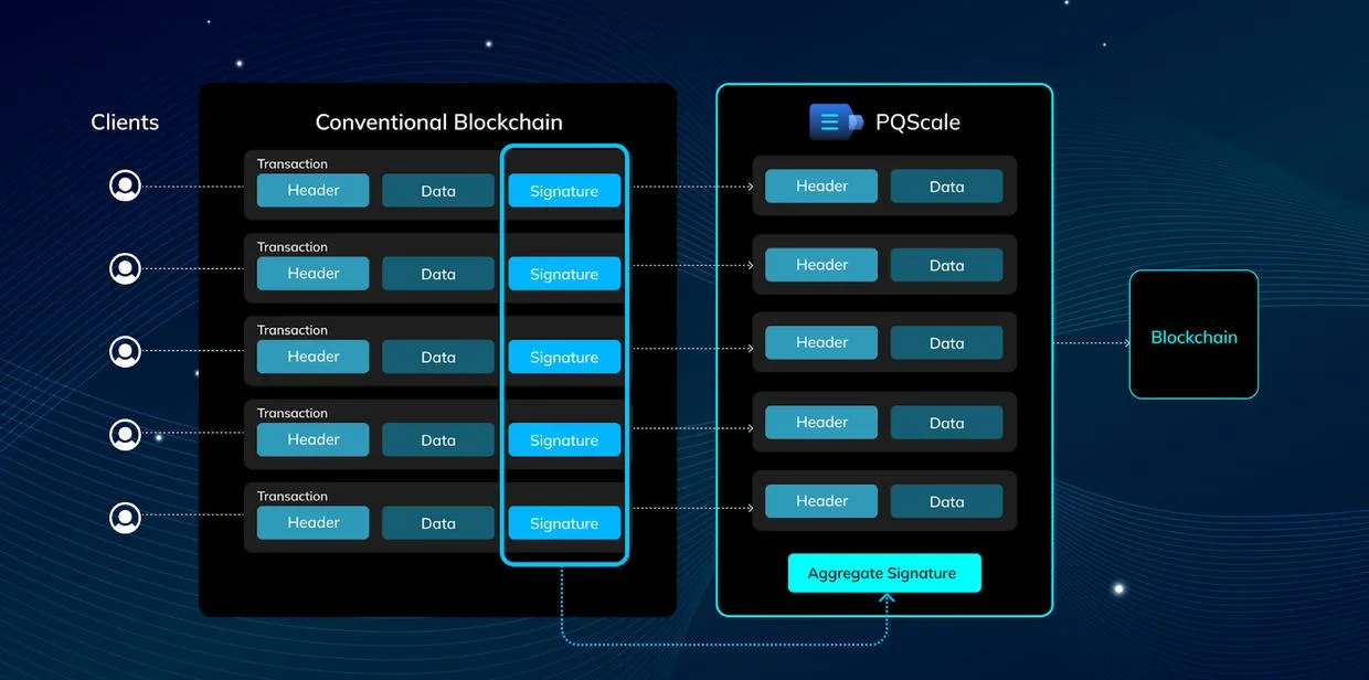With PQScale, transaction data is stored in the blockchain along with an aggregate signature instead of multiple individual signatures.